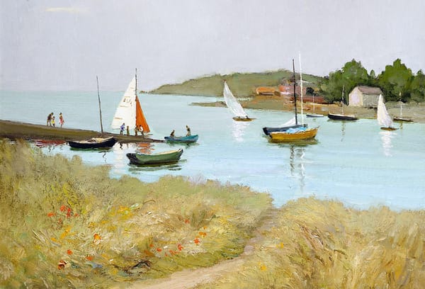 Обои Марсель Диф, картина, берег, лодки, цветы, море, пейзаж, люди, The Passage St. Armel, трава