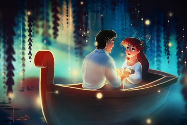Обои арт, ariel, kelogsloops, светлячки, девушка, парень, русалочка, лодка, eric