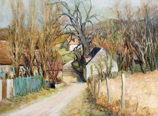Обои Марсель Диф, пейзаж, дорога, дома, картина, деревья