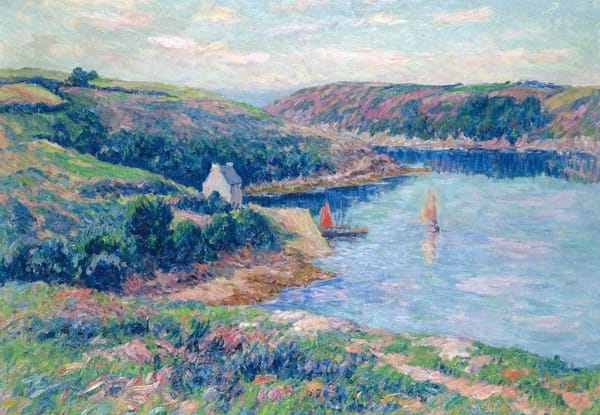 Обои Анри Море, пейзаж, яхта, картина, Река Белон, холмы, парус, горы, лодка