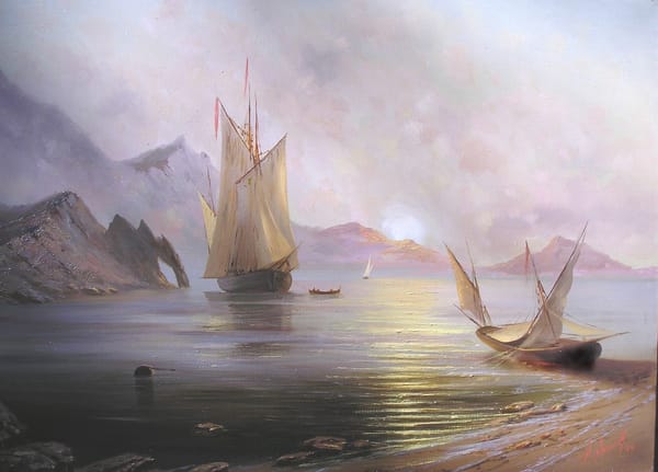 Обои красота, горы, пейзаж, рассвет, Рассвет на море, море, лодки, Милюков Александр, солнце, корабль, парус, крым