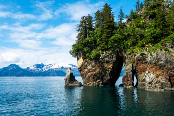 Обои Kenai Fjords National Park, камни, Кенай-Фьордс, горы, США, скалы, берег, фьорды, деревья, Аляска