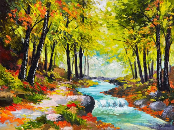 Обои арт, разноцветные, масло, осенний, живопись, краски, река, мазками, времена года, painting, лес, картина, природы, холст