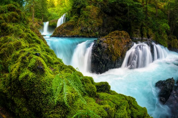 Обои Spirit Falls, река, лес, ущелье реки Колумбия, штат Вашингтон, папоротник, каскад, водопад, мох, камни, Columbia River Gorge, Washington