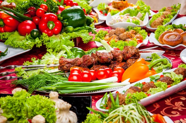 Обои Сервировка, Перец, Мясные продукты, Еда, Шашлык, Помидоры, Овощи