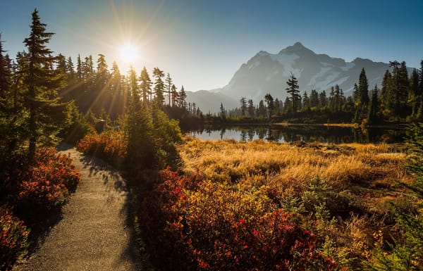 Обои Picture Lake, гора Шуксан, горы, закат, Cascade Range, Каскадные горы, озеро, Вашингтон, Mount Shuksan, Washington