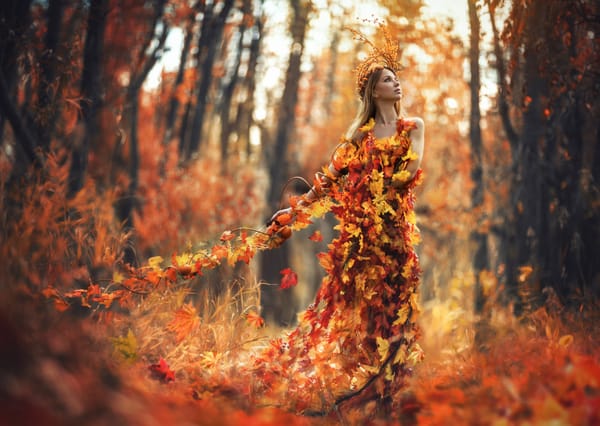 Обои Autumn spell, леди осень, девушка осень, арт, листья