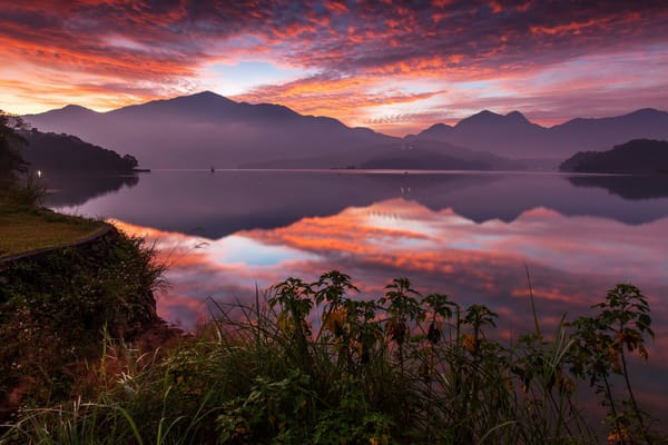 Обои Sun Moon Lake, Тайвань, закат, Lake Candidus, озеро, отражение, Китай, горы, Taiwan, Озеро Сан Мун, China, Yuchi, Ючи