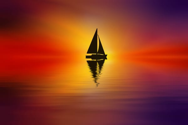 Обои озеро, корабль, стилизация, Josep Sumalla, парусник, краски