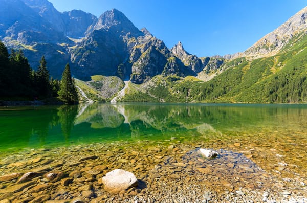 Обои Польша, скалы, деревья, камни, Tatra National Park, озеро, Lake Morskie Oko, горы