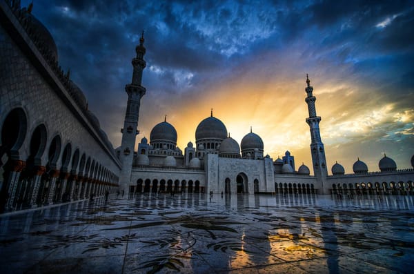 Обои Sheikh Zayed Grand Mosque, Абу-Даби, Abu Dhabi, UAE, Мечеть шейха Зайда, закат, ОАЭ