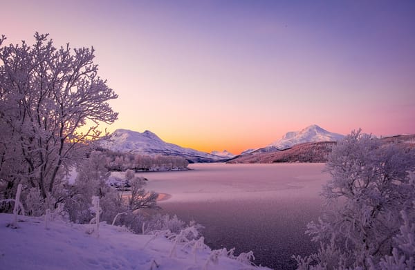 Обои Stor Vann lake, горы, Scandinavian Mountains, Скандинавские горы, зима, Норвегия, Norway, озеро, Сёр-Трёнделаг, Storvann lake, Sør-Trøndelag, деревья