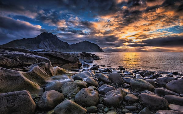Обои Закат, Норвегия, Камни, Прибой, Лофотенские острова, Норвежское море, Lofoten, Norway
