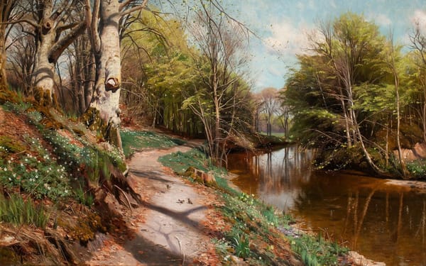 Обои Петер Мерк Менстед, Danish painter, Spring landscape with water, Весенний пейзаж с водой, Peder Mork Monsted, 1909, датский живописец