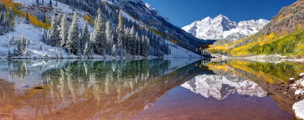 Обои камны, Maroon bells, Colorado, горы, Колорадо, лес, озеро, Maroon lake, отражение, USA, Марун-Беллс