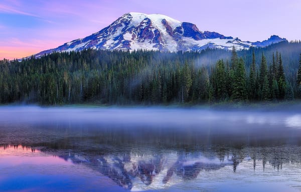 Обои Reflection Lake, Вашингтон, гора Рейнир, Paradise, утро, отражение, гора, Washington, стратовулкан, лес, Mount Rainier, Mount Rainier National Park, Национальный парк Маунт-Рейнир, озеро