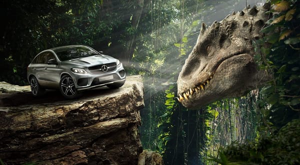 Обои Jurassic World, Мерседес Бенц, креатив, динозавр, джунгли