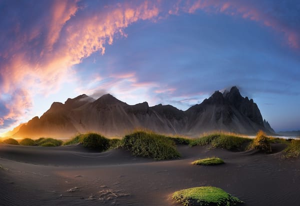 Обои Фантастический закат, cmoon view, пляж stokksnes beach, iceland
