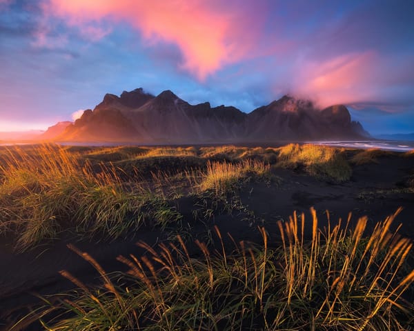 Обои clouds, the evening, Cape, light, Have stoknes, Hornafjordur, the fjord, morning, beach, Iceland, mountains, the sky