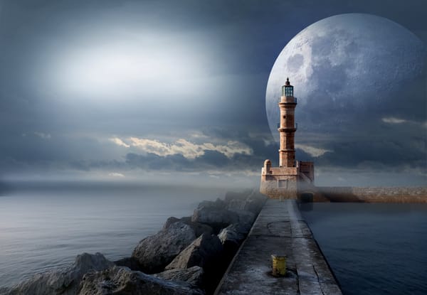 Обои 3D, digital art, море, маяк, камни, планета, графика
