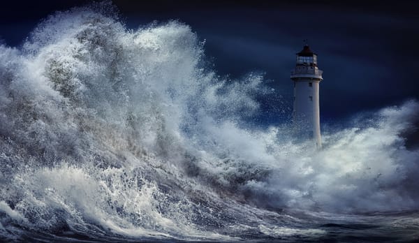 Обои nikos Bantouvakis, графика, волна, ночь, море, digital art, маяк, 3D