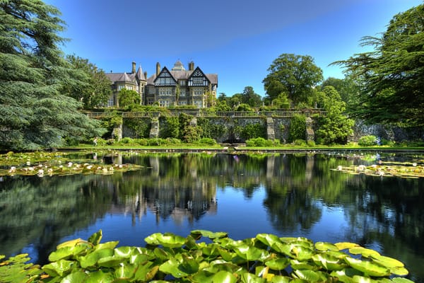 Обои деревья, пруд, пейзаж, парк, bodnant gardens, дом, great britain