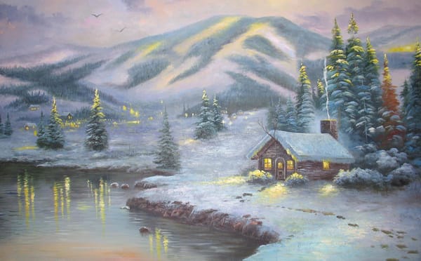 Обои Thomas kinkade, живопись, картина, olympic mountain evening, пейзаж