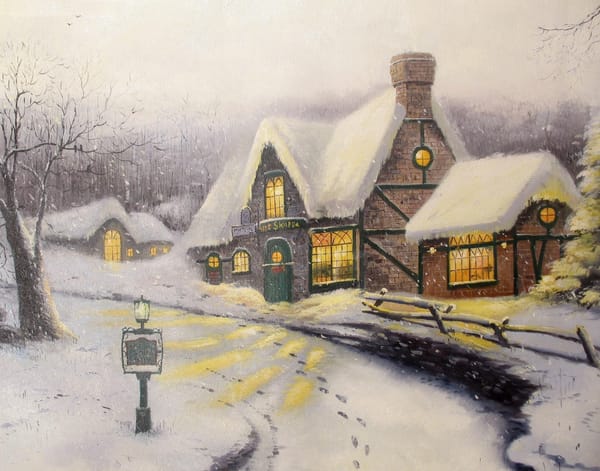 Обои живопись, снег, коттедж, картина, зима, Thomas kinkade