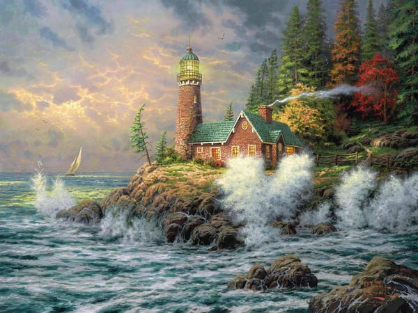 Обои Thomas kinkade, маяк, море, живопись, картина