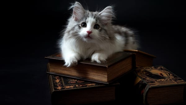 Обои Котенок породы мейн кун лежит на книгах
